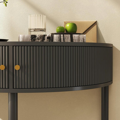 Entryway Table, Artisan-Crafted Half Moon Fluted Console Tables with 2 Rattan Storage,Small Half Circle Tables for Hallway, Narrow Round Accent Decort Table for Living Room (Dark Gray)