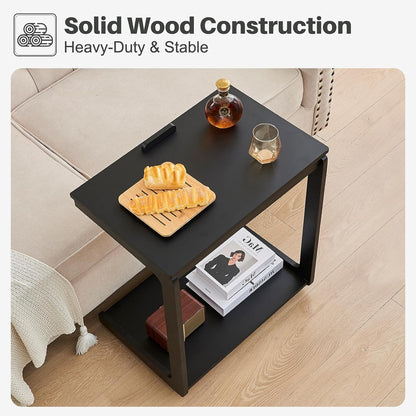 C-Shaped End Table with Wheels - Rolling Side Table for Couch, Solid Wood Modern Adjustable Angles Tv Tray Sofa Tables for Living Room, Bedroom, Home Office, Black, 15.4"D x 23.6"W x 24.8"H