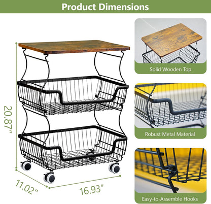 Pantry Floor Organizeron with Wheels, 3 Tier Rolling Fruit Vegetable Basket for Kitchen Stackable Wire Basket Stand for Home Removable Metal Vegetable Rack Wire Snack Cart