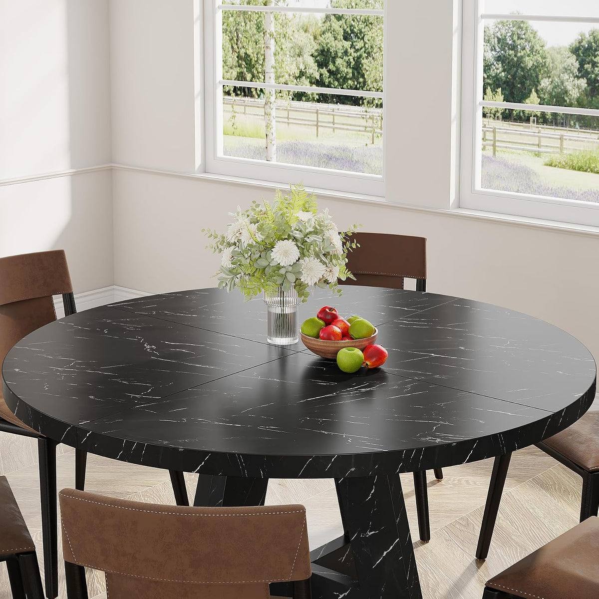 Tribesigns 47 inch Round Dining Table Wood Kitchen Table for Dining Room, 47" Dinner Room Tables for 4-6, Farmhouse Accent Furniture with Wooden Tabletop and Cross Base, Marbled Wood