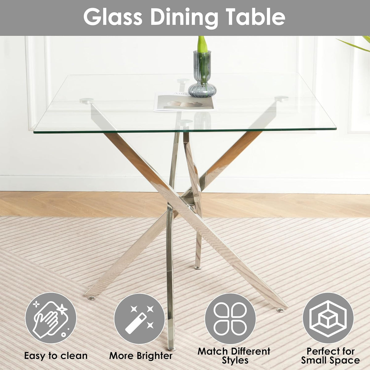 5 Pieces Silver Glass Dining Table Set, Modern Luxury Square Kitchen Table Set for 4, 36'' Clear Minimalist Glass Top Dinner Set, Beige High-end Tufted Chairs, for Small Place Living Room