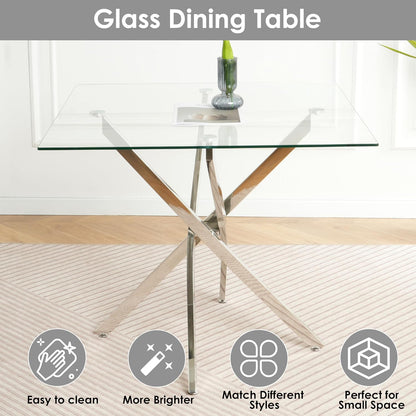 5 Pieces Silver Glass Dining Table Set, Modern Luxury Square Kitchen Table Set for 4, 36'' Clear Minimalist Glass Top Dinner Set, Beige High-end Tufted Chairs, for Small Place Living Room
