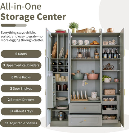 Polibi 6-Door Kitchen Pantry Storage Cabinet,53.2''Lx17.7''W Large Cupboard with Wine Rack, Adjustable Shelves & Pull-Out Trays for Dining Room Organization, Modern Design, Green