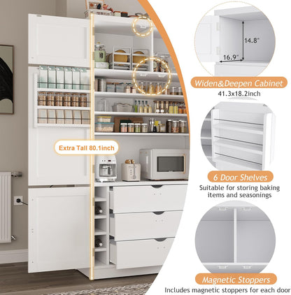 JIJIWANG 80.1'' Modern Kitchen Pantry Storage Cabinet with Adjustable Shelves and Storage Cabinet,Versatile Cupboard with Door Shelves and Drawers,for Kitchen,Dining Room,White