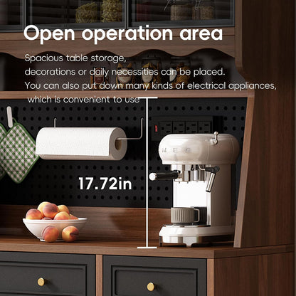 63'' Kitchen Pantry Cabinet with Power Outlet,Large Kitchen Hutch Cabinet with 6 Drawers and Adjustable Shelves,Wood Buffet Cabinets for Dining Room and Living Room(Black and Walnut)
