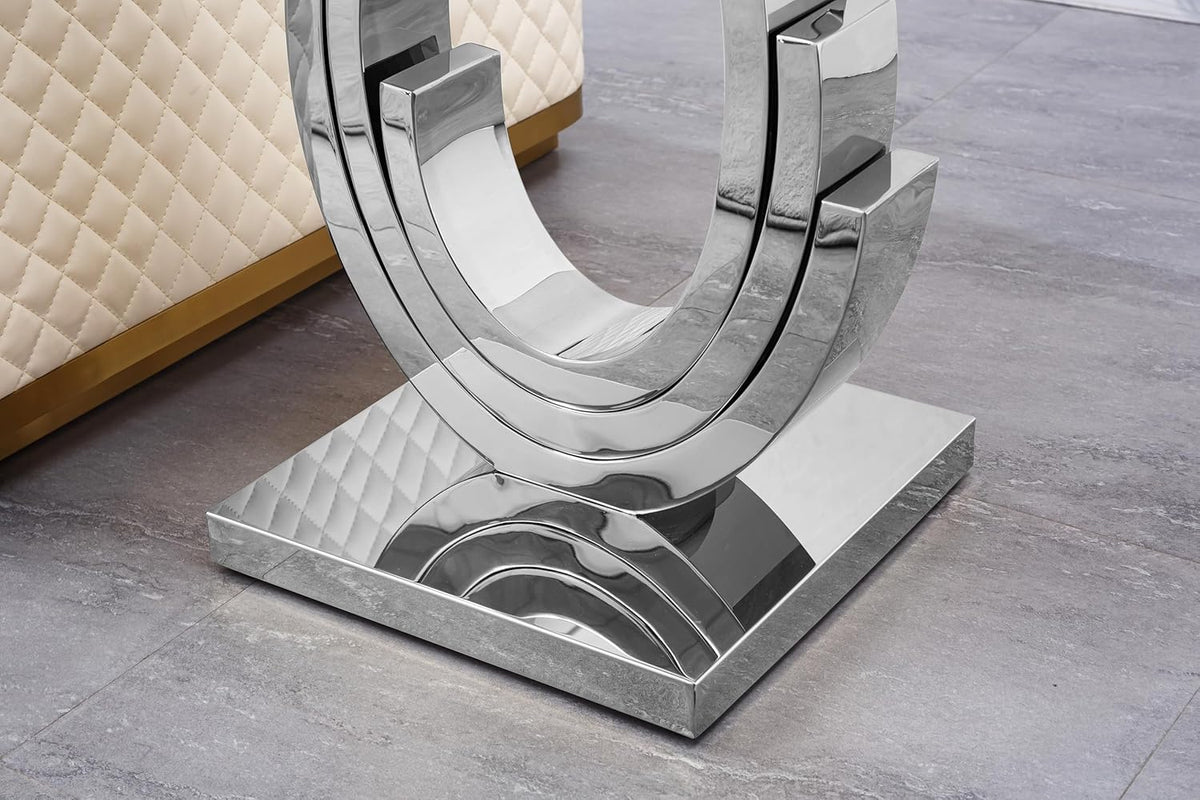Glass End Table, 22.83" Square Side Table with Tempered Glass Top and Silver Mirror Finish Stainless Steel Three U-Shaped Base, Modern Small End Side Table for Living Room