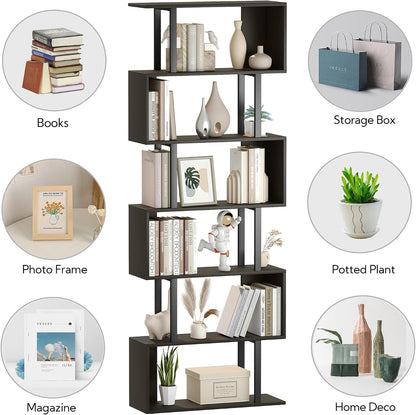 Yusong Geometric Bookcase, S Shaped Bookshelf 6-Tier Book Shelves for Bedroom, Modern Wood Decorative Display Shelf Tall Book Case for Home Office, Black and White