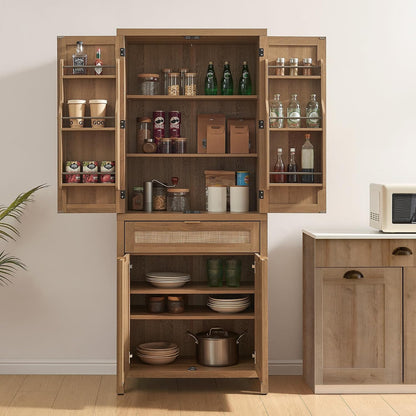 SICOTAS 72 inch Pantry Cabinet with Drawer & 4 Doors, Rattan Buffet Cabinet | Farmhouse Boho Freestanding Cupboard Pantry, Tall Storage Cabinet with Storage for Living Room, Dining Room