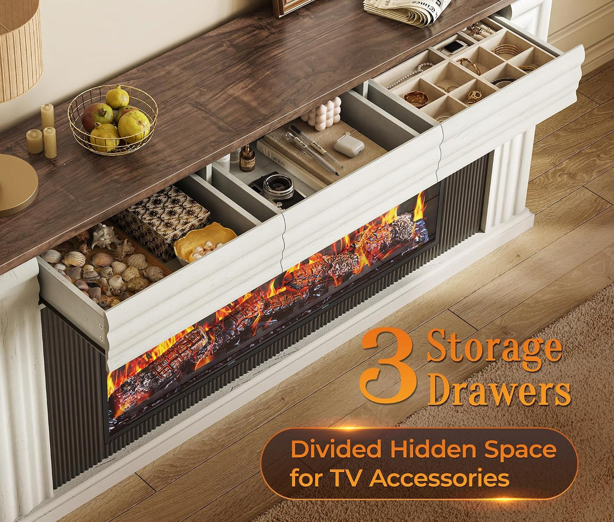 PRAISUN 70'' Fireplace TV Stand with 42'' Electric Fireplace, Farmhouse TV Stand for 65 75 Inch TV, Entertainment Center TV Console with 3 Drawers, Fluted Design, for Living Room, Distressed White