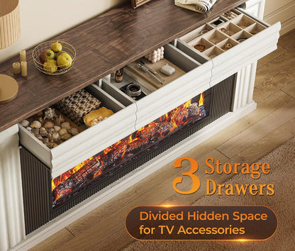PRAISUN 70'' Fireplace TV Stand with 42'' Electric Fireplace, Farmhouse TV Stand for 65 75 Inch TV, Entertainment Center TV Console with 3 Drawers, Fluted Design, for Living Room, Distressed White