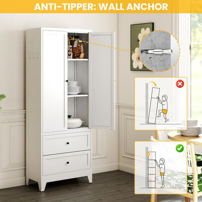 72" Metal Storage Cabinet with 2 Drawer, 2 Adjustable Shelves & Hooks, Utility Kitchen Pantry Cabinet for Home, Living Room, Pantry, Assemble Required (White)