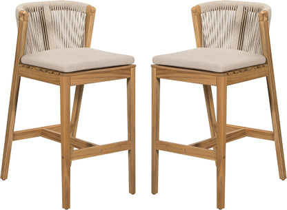 Christopher Knight Home Cuz Patio Barstool Set of 2, Outdoor Counter Height Stool with Sturdy Acacia Wood Frame and Rope Backrest, Bar Stool with Seat Cushion for Backyard Garden, Beige + Teak