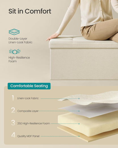 SONGMICS 43.3 Inches Folding Storage Ottoman Bench, Load 660 lb | Ottoman Foot Rest, Storage Chest, for Living Room, Entryway, Cream White and Ink Black, MINOTA Collection ULSF77BE