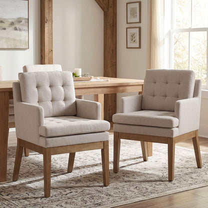 Linen Fabric Dining Chairs Set of 2, Upholstered Tufted Kitchen Room Chairs with Arms, Cozy Farmhouse Solid Wood Accent Side Chair for Dining/Living Room, Removable Cushion, Light Grey