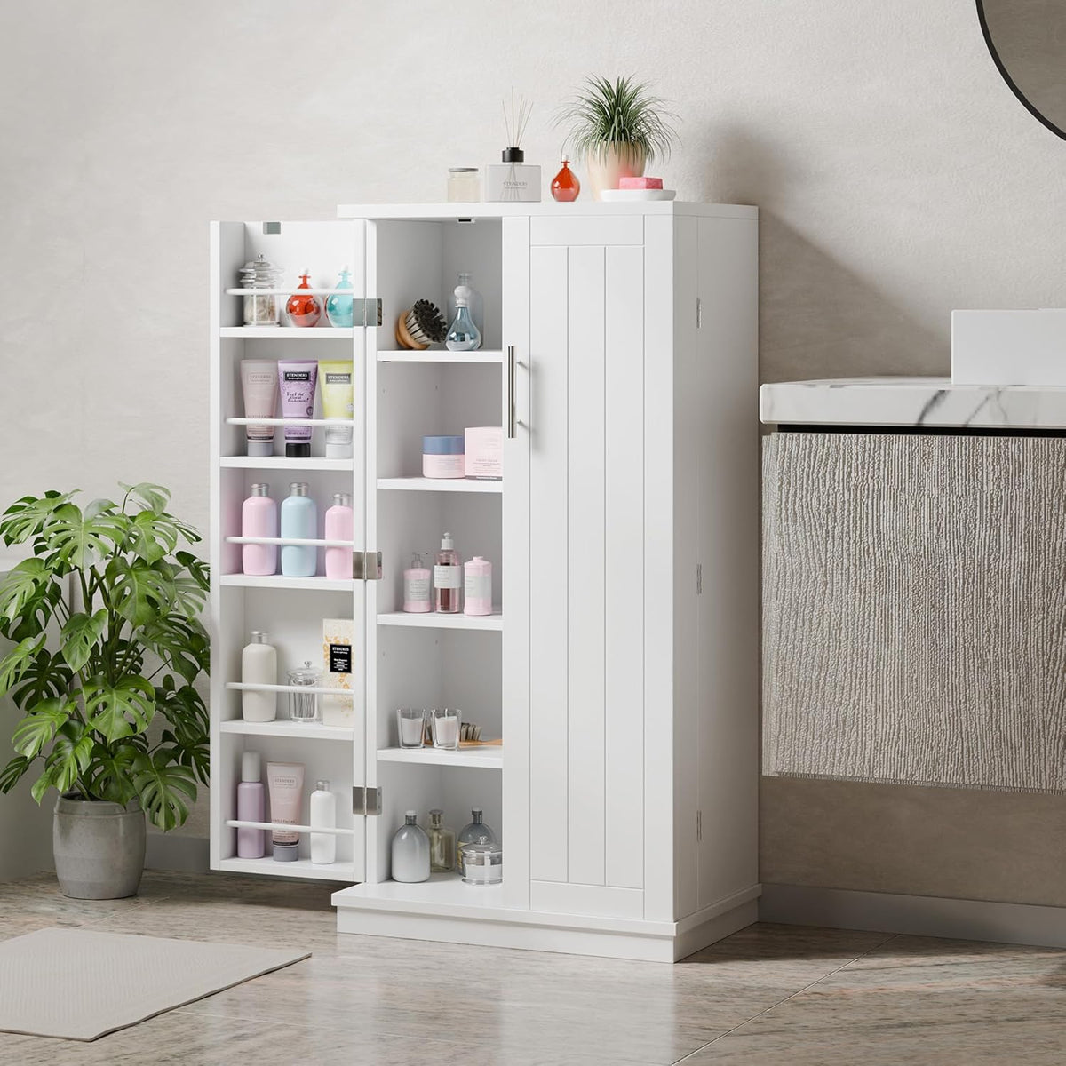 Shintenchi Kitchen Pantry Cabinet,5 - Layer Storage Cupboard with Adjustable Shelves for Organizing and Storing Food Items,47'' Versatile Buffet Sideboard for Kitchen, Bathroom and Laundry,White