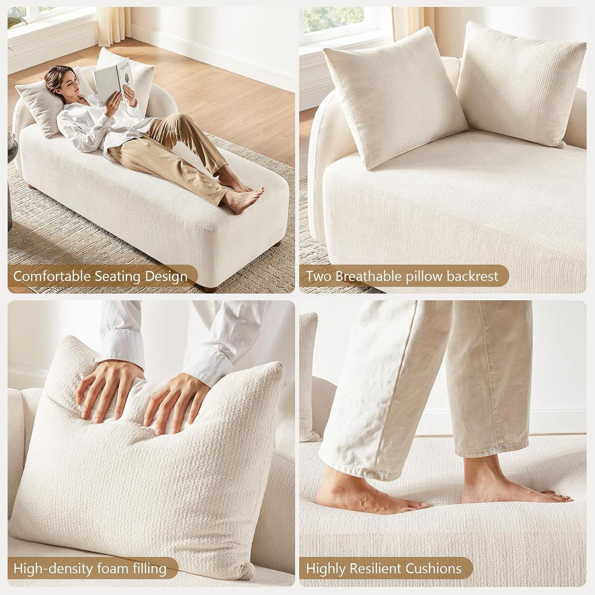 68.9" Chaise Lounge Chair Indoor with Left Facing, Chenille Beige | 2 Throw Pillows, Comfy Reading Chair, Oversized Upholstered Sleeper Chair for Living Room, Bedroom, Apartment