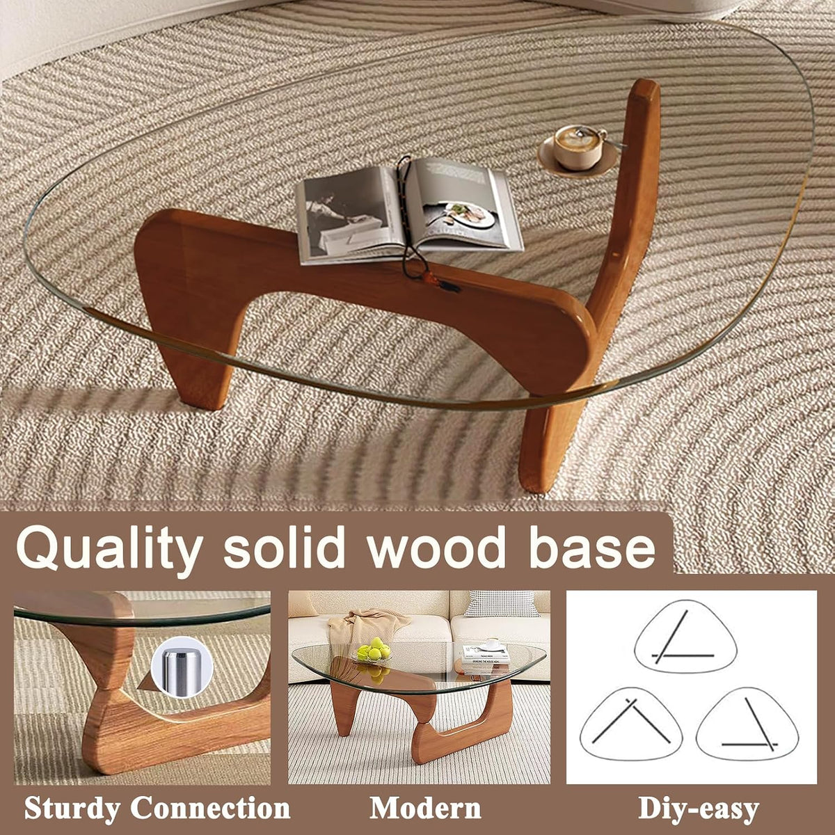 Modern Glass Coffee Table, Mid Century Small Coffee Table, Coffee Table for Living Room,Suitable for Bedroom Living Room Reception Office Tables (Walnut/Transparent, Small)