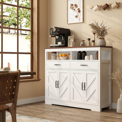 knoworld Buffet Sideboard with Storage Farmhouse with 4 Doors, 47'' Large Kitchen Storage Cabinet Wood Coffee Bar Cabinet Buffet Table with Shelves for Kitchen, Dining Room, Entryway