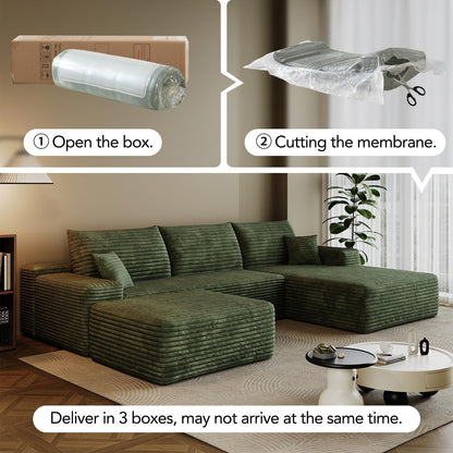 107.7" Sectional Couch Modern Modular U - Shape Corduroy Upholstered Sofa for Living Room - Deep Seat with Chaise and Ottoman(Green, 2 Seater+Right Facing Chaise+Ottoman)