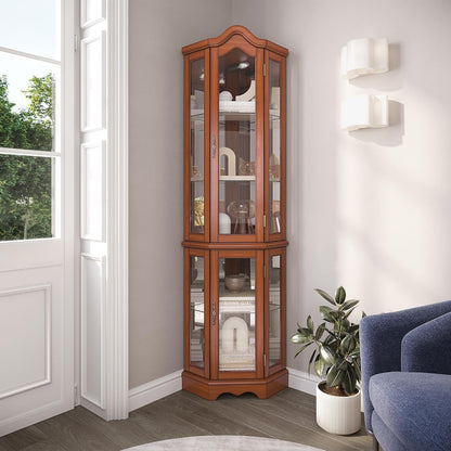 BELLEZE Lighted 3-Side Glass Display Curio Cabinet w/Tempered Glass Doors and Shelves, Curved Wood Corner Cabinet with Bulb, Corner Storage Rack for Living Room and Kitchen (Oak)