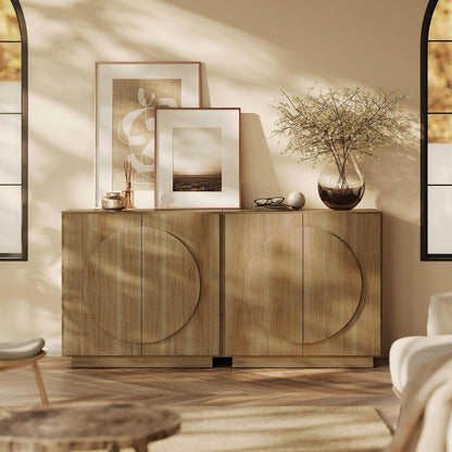 BELLEZE Modular Buffet Cabinet with Storage,Mid Century Modern Arched Sideboard with Adjustable Shelf & Symmetrical Doors,Credenza for Entryway Kitchen Living Room, Set of 2 (Camel)