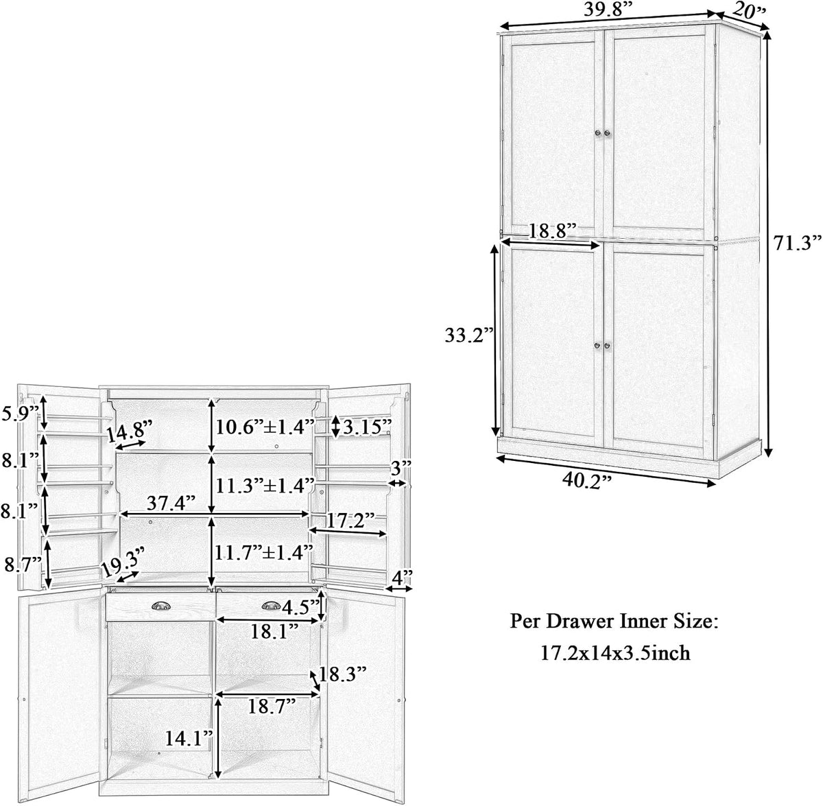 71.3 Inch Tall Freestanding Kitchen Pantry Cabinet, Large Food Storage Cupboard with 2 Drawers, 2 Adjustable Shelves and 8 Door Shelves, Utility Storage Cabinet for Kitchen & Dining Room,White