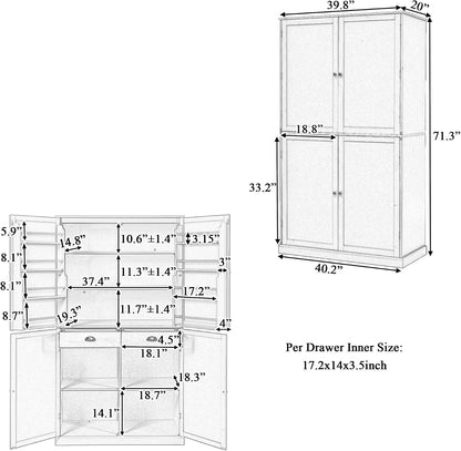 71.3 Inch Tall Freestanding Kitchen Pantry Cabinet, Large Food Storage Cupboard with 2 Drawers, 2 Adjustable Shelves and 8 Door Shelves, Utility Storage Cabinet for Kitchen & Dining Room,White