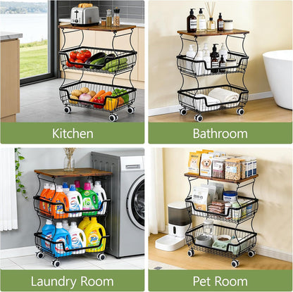 Pantry Floor Organizeron with Wheels, 3 Tier Rolling Fruit Vegetable Basket for Kitchen Stackable Wire Basket Stand for Home Removable Metal Vegetable Rack Wire Snack Cart