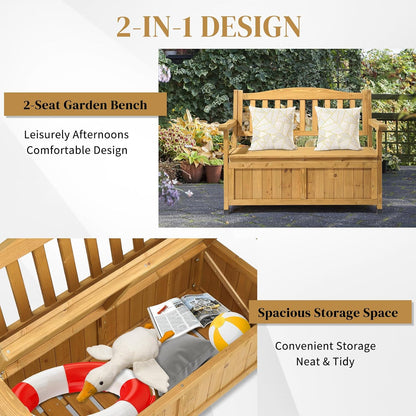 Fir Wood Outdoor Storage Bench, 2-Seater High Backrest Patio Loveseat with Armrest, Large Waterproof Deck Storage Box, Multipurpose Weather Resistant Organizer Bench
