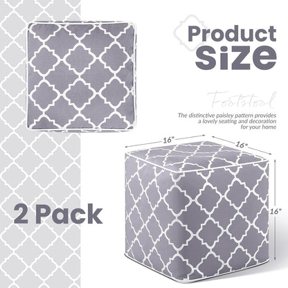Juexica 2 Pack Inflatable Outdoor Ottoman Pouf Waterproof Cube 16" Square Blow up Ottoman Footrest with Handle Outdoor Portable Footstool for Patio Garden Camping or Home Pool(Classic,Grey)