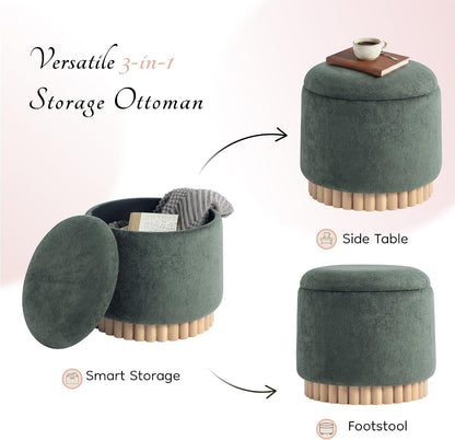 Get Set Style Round Ottoman with Wooden Base, Storage Vanity Stool for Makeup, Upholstered Footrest Stool Ottoman Foot Stool for Living Room, Bedroom
