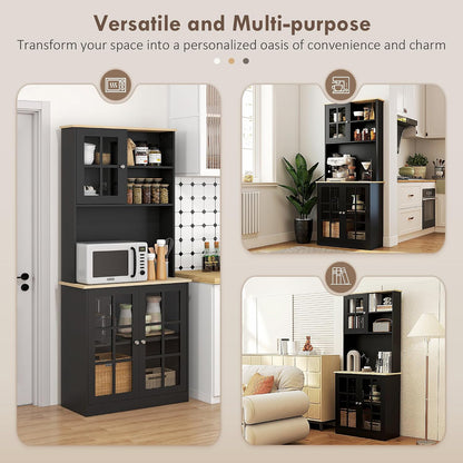 HOMCOM Kitchen Pantry Storage Cabinet 72" with Hutch, Black | Large Countertop, Freestanding, Glass Doors, Adjustable Shelves, Dining Room
