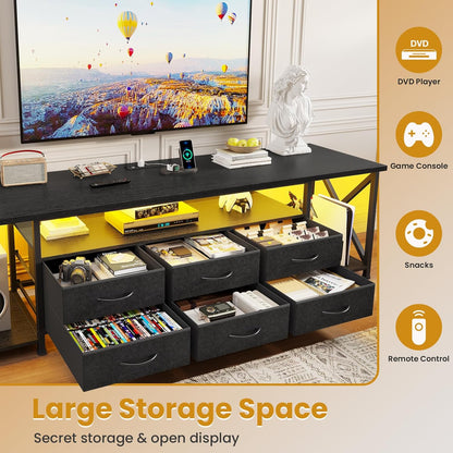 BTHFST TV Stand with LED Lights & Power Outlets, for TVs up to 85 Inches, 6 Fabric Drawers Entertainment Center with Open Storage Shelves, 71" TV Media Console Table for Living Room, Bedroom, Black