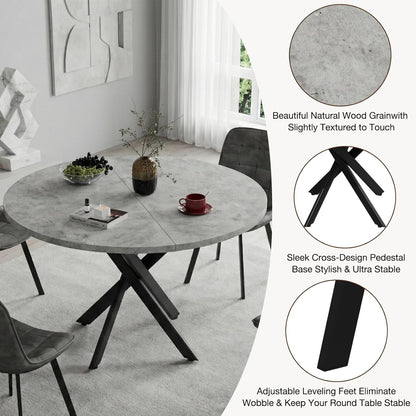 EROMMY Round Dining Table Set for 4, Modern Kitchen Table and Chairs with X-Shaped Table Legs & U-Shaped Thick Cushion, Wooden Dining Room Set for Dining Room Kitchen (Gray Table + 4 Gray Chairs)