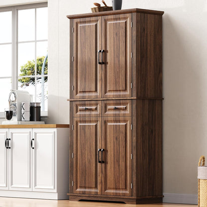 71" Tall Kitchen Pantry Cabinet with 3 Pull-Out Organizers, Farmhouse Storage Cabinet with 6 Door Shelves, 4 Doors, 2 Drawers, Adjustable Shelves for Kitchen, Dining Room (Brown)