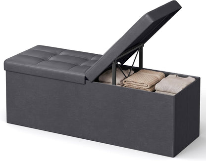 SONGMICS HOME Foldable Foot Rest Stool, Storage Ottoman, Tufted Design, PU Leather, for Entryway, Living Room, 43.2 Inches, Dark Gray