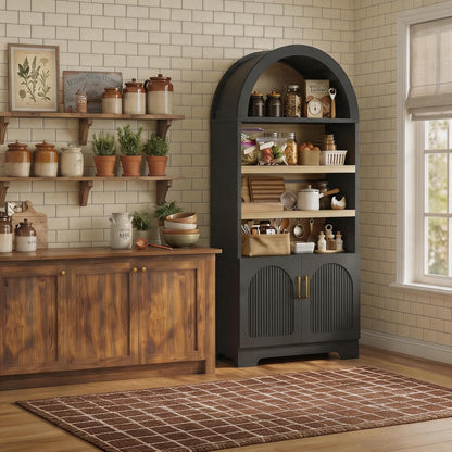 Bestier 71" Tall Arched Kitchen Pantry, Arched Cabinet with Doors, Modern Farmhouse Wood Kitchen Storage Cabinets with 3-Tier Adjustable Shelves, Cupboard for Living Room, Dining Room, Kitchen, Black
