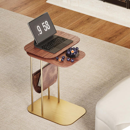 LOVEDIMA C-Shaped Walnut & Gold Rotating Side Table with Storage - 360° Swivel Top,Built-in Magazine Rack,Modern End Table for Sofa/Bedside