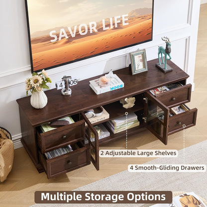 SAVOR LIFE Farmhouse TV Stands for Living Room, Walnut | Heavy-Duty Rustic Entertainment Center with 4 Drawers & Thickened Top & Square Wooden Legs for 65 Inch TV
