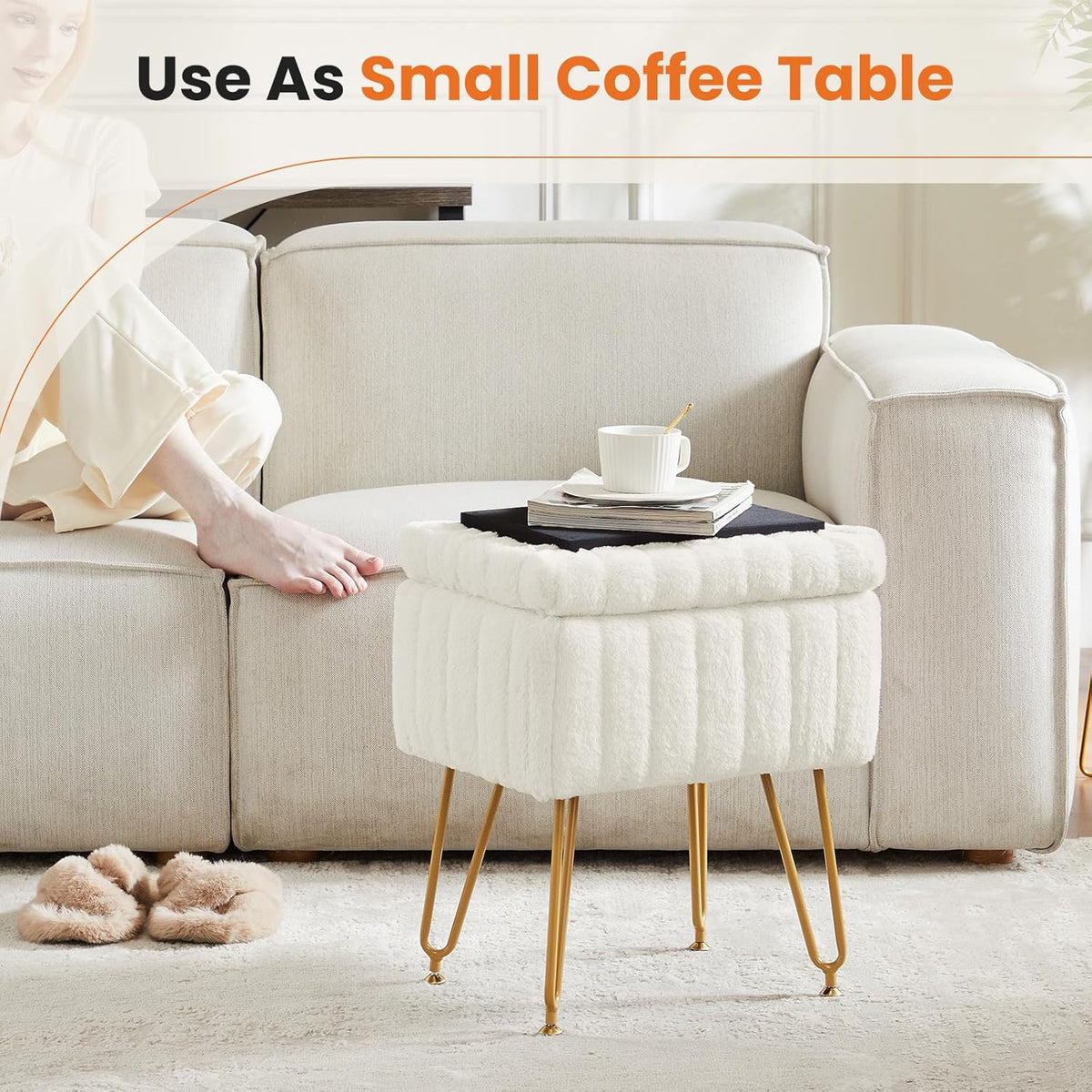 Sweetcrispy Vanity Stool Chair with Storage, Ottoman Faux Fur Soft Padded Makeup Footstools Seat with 4 Metal Legs Anti-Slip Adjustable Feet Modern Cute Small Footrest for Home Entryway Bedroom White
