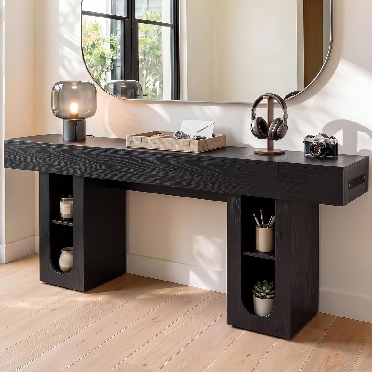 79" Entryway Console Table with Outlets & Storage-Black | 5.9" Thick Top,Zero Wobble,Behind Large Couch,Extra Long,Anti-Tip,Modern Farmhouse,Dense MDF,Living Room,Hallway,300lbs Load