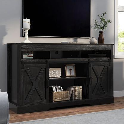 RoyalCraft Farmhouse TV Stand for 65+ Inch TV, Tall Entertainment Center | with Storage Cabinets and Sliding Barn Doors, Mid Century Modern Media TV Console Table for Living Room (Black)