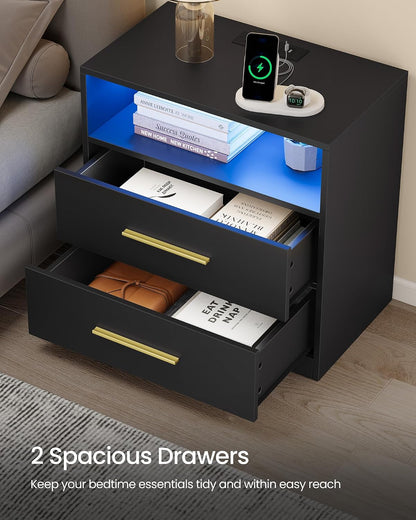 VASAGLE CUSTOS Collection Nightstand with Charging Station, 23.6 Inch | LED Lights, Modern Night Stand, Side End Table with Drawers, Open Shelf, 2 AC Outlets USB Ports, Ink Black ULET639BC01S