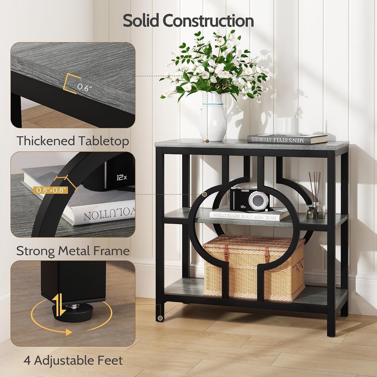 End Table Set of 2, Narrow Side Table with 3-Tier Storage Shelves, Wood Sofa Side Table with Geometric Metal Frame for Living Room, Industrial Bedside Nightstand for Bedroom (Gray)