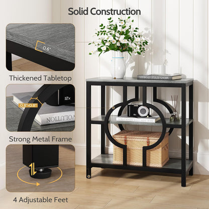 End Table Set of 2, Narrow Side Table with 3-Tier Storage Shelves, Wood Sofa Side Table with Geometric Metal Frame for Living Room, Industrial Bedside Nightstand for Bedroom (Gray)