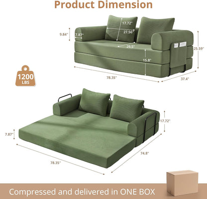 4-in-1 Folding Convertible Sofa Bed, 78 Inch Oversized Corduroy Loveseat Sleeper with Pull Out Bed, Futon Couch for Living Room Bedroom, No Assembly Needed, Olive Green