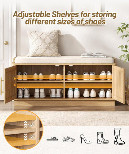 Akxomel 39.4" Fluted Shoe Storage Bench 2 Doors Wooden Entryway Bench Oak | 2 Tier Shoe Bench with Padded Cushion, Adjustable Shelves and 2 Doors, Curved Profile, for Hallway, Living Room, Bedroom