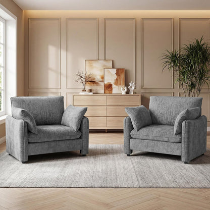 Elegant Oversized Accent Chair for Living Room, 42.1", Chenille, Gray | Modern Upholstered Piping Single Reading Armchair with Cushion Backrest and 2 Pillows for Bedroom, Office, Reception Area