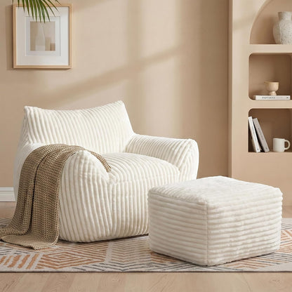 Giant Bean Bag Chair for Adults, Large Bean Bag with Ottoman | Cloud Comfy Bean Bag with Backrest & Armrests, Stuffed Beanbag Chair for Reading, Gaming, Napping, Beige