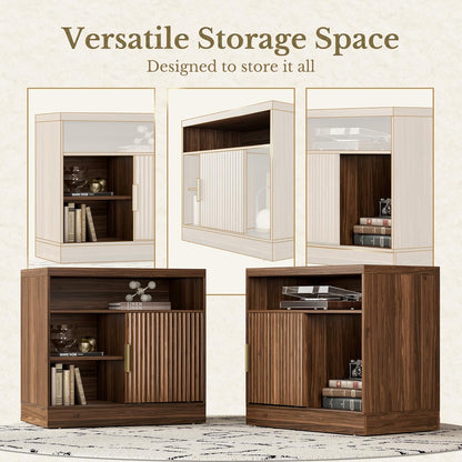 File Cabinet with Sliding Door, 32'' Fluted File Cabinet with Open Adjustable Shelves, Wood Filing Cabinet for Home Office, Black Walnut